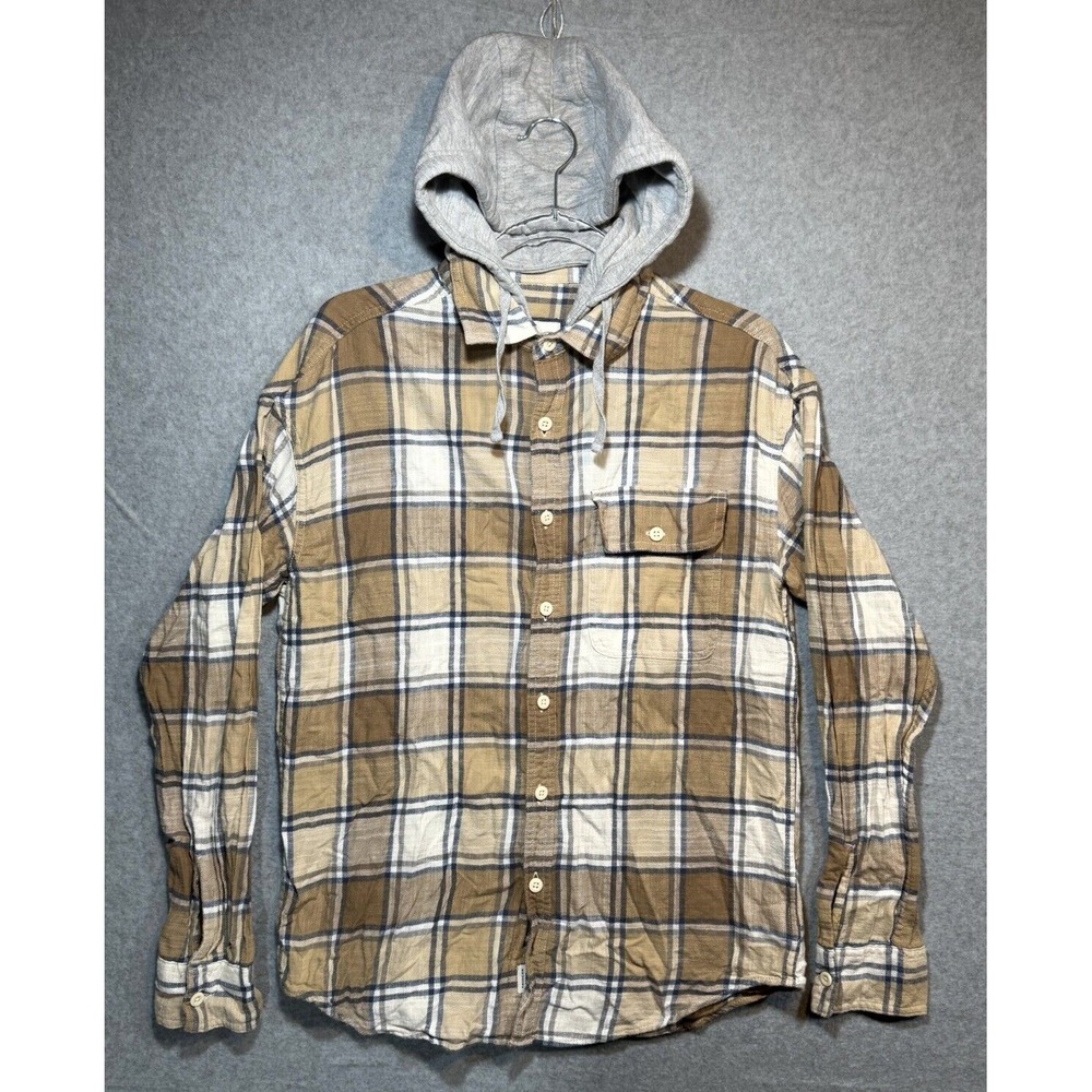 American Eagle Outfitters Shirt Men's Small Beige Plaid Cotton Hooded‎ Button-Up